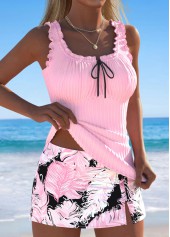 Light Pink swimwear,Tribal swimwear,ROTITA Light Pink Feathers Print Mid Waisted Tankini Set