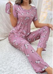 dunkelrot-violettes Lounge-Top und Hose mit Blumendruck