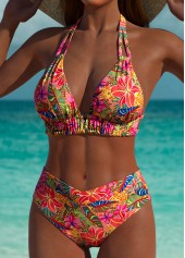 Multi Color swimwear,Plants swimwear,ROTITA Pink Tropical Plants Print Mid Waisted Bikini Set