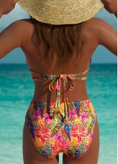 Multi Color swimwear,Plants swimwear,ROTITA Pink Tropical Plants Print Mid Waisted Bikini Set