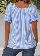 Blue tops,Striped tops,Geometric tops,ROTITA Striped Blue Square Neck Short Sleeve Blouse