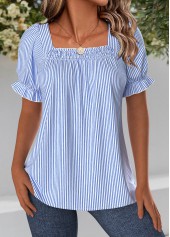 Blue tops,Striped tops,Geometric tops,ROTITA Striped Blue Square Neck Short Sleeve Blouse