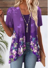Purple tops,Ombre tops,ROTITA Ombre Purple Short Sleeve Fake Two Piece Twinset