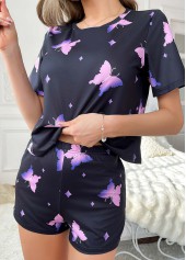 Black loungewear,Animal Print loungewear,Animal Print Black Round Neck Lounge Top and Shorts