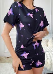 Black loungewear,Animal Print loungewear,Animal Print Black Round Neck Lounge Top and Shorts