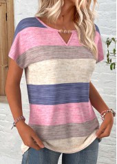 Multi Color tops,Striped tops,Geometric tops,ROTITA Striped Multi Color Round Neck Short Sleeve T Shirt