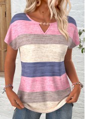 ROTITA Striped Multi Color Round Neck Short Sleeve T Shirt
