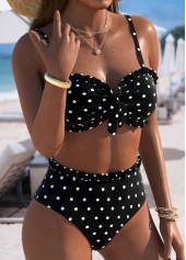 Black swimwear,Dot swimwear,ROTITA Black Polka Dot Mid Waisted Bikini Set