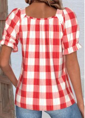 Red tops,Plaid tops,Geometric tops,ROTITA Plaid Red Square Neck Short Sleeve Blouse