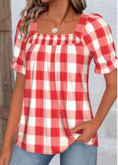 Red tops,Plaid tops,Geometric tops,ROTITA Plaid Red Square Neck Short Sleeve Blouse