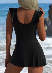 Black swimwear,Plain Color swimwear,Ruffle Black Tie One Piece Swimdress