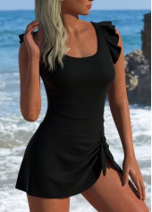 Black swimwear,Plain Color swimwear,Ruffle Black Tie One Piece Swimdress