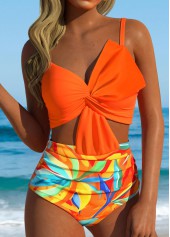 Orange Leaf Print High Waisted Bikini Set