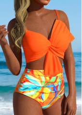 Orange swimwear,Plants swimwear,Orange Leaf Print High Waisted Bikini Set