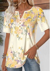 Light Yellow tops,Plain Color tops,ROTITA Light Yellow Split Neck Short Sleeve T Shirt