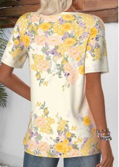 Light Yellow tops,Plain Color tops,ROTITA Light Yellow Split Neck Short Sleeve T Shirt