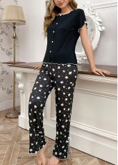 Black loungewear,Ditsy Floral loungewear,Ditsy Floral Print Black Lounge Top and Pants
