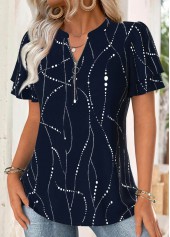Navy tops,Geometric tops,ROTITA Geometric Print Navy Split Neck Short Sleeve Blouse