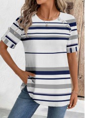 White tops,Striped tops,Geometric tops,ROTITA Striped White Round Neck Short Sleeve Blouse