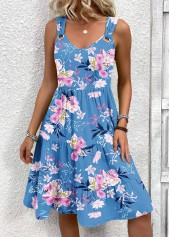 robe sans manches à col en V et imprimé floral bleu Rotita