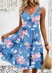 Blue dresses,Floral dresses,Plants dresses,Vacation dresses,Vacation dresses,ROTITA Floral Print Blue A Line V Neck Sleeveless Dress