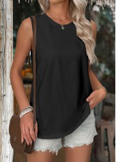 Black tops,Plain Color tops,ROTITA Black Round Neck Sleeveless Tank Top