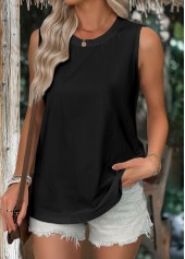 Black tops,Plain Color tops,ROTITA Black Round Neck Sleeveless Tank Top