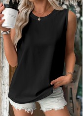 Black tops,Plain Color tops,ROTITA Black Round Neck Sleeveless Tank Top