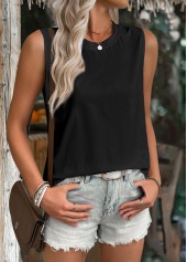 Black tops,Plain Color tops,ROTITA Black Round Neck Sleeveless Tank Top