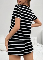 Black loungewear,Striped loungewear,Geometric loungewear,Striped Black Round Neck Lounge Top and Shorts