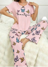 Rosa Lounge-Oberteil und Hose mit Rundhalsausschnitt und Animalprint