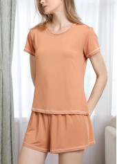 Orange Round Neck Short Sleeve Lounge Top and Shorts