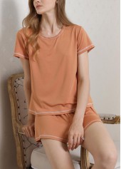 Orange loungewear,Plain Color loungewear,Orange Round Neck Short Sleeve Lounge Top and Shorts