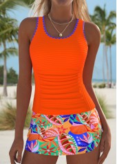 ROTITA Orange Tropical Plants Print Mid Waisted Tankini Set