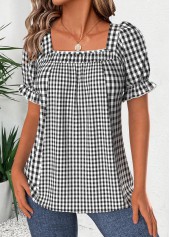 Black tops,Plaid tops,Geometric tops,ROTITA Plaid Black Square Neck Short Sleeve Blouse