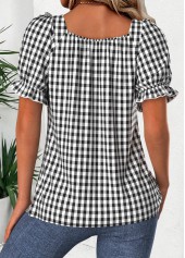 Black tops,Plaid tops,Geometric tops,ROTITA Plaid Black Square Neck Short Sleeve Blouse