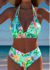 Ensemble bikini taille moyenne à imprimé plantes tropicales vert menthe Rotita