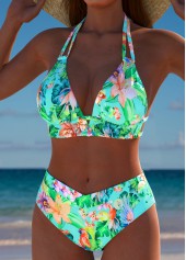 Mint Green swimwear,Plants swimwear,ROTITA Mint Green Tropical Plants Print Mid Waisted Bikini Set