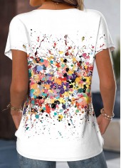 White tops,Geometric tops,ROTITA Geometric Print White Round Neck Short Sleeve T Shirt