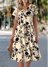ROTITA Floral Print Light Camel Split Neck Short Sleeve Dress