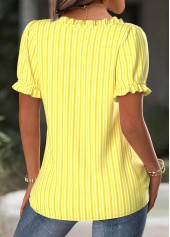 Yellow tops,Striped tops,Geometric tops,ROTITA Striped Yellow Square Neck Short Sleeve Blouse