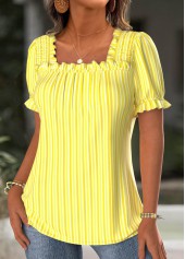 Yellow tops,Striped tops,Geometric tops,ROTITA Striped Yellow Square Neck Short Sleeve Blouse