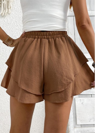 Dark Coffee bottoms,Plain Color bottoms,Dark Coffee Wide Leg Elastic Waist High Waisted Shorts