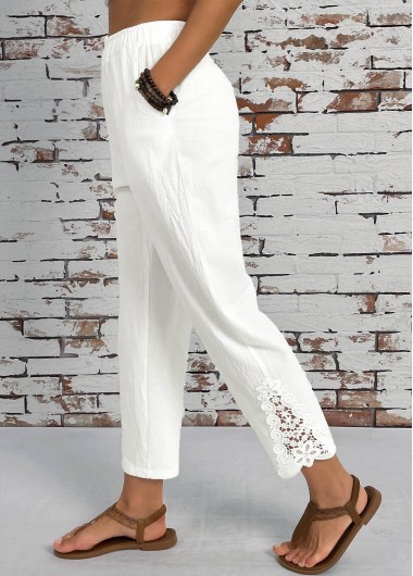 White bottoms,Plain Color bottoms,Pocket White Straight Leg Elastic Waist High Waisted Pants