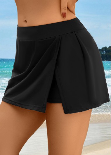 Black swimwear,Plain Color swimwear,ROTITA Black High Waisted Front Slit Hem Pantskirt