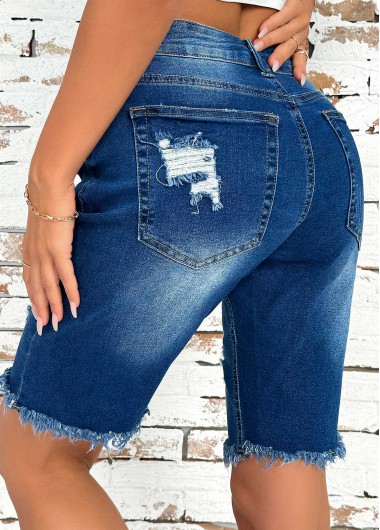 Denim Blue bottoms,Plain Color bottoms,Denim Blue Button Fly High Waisted Shorts