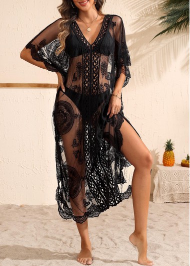 Black swimwear,Plain Color swimwear,Black Patchwork V Neck Cover Up