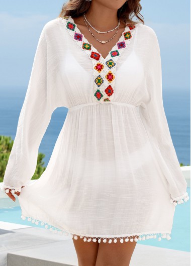 White swimwear,Plain Color swimwear,White Patchwork V Neck Cover Up