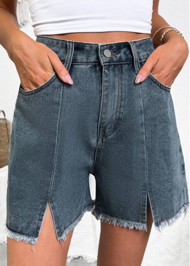 Denim Blue bottoms,Plain Color bottoms,Denim Blue Button Fly High Waisted Shorts
