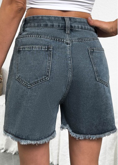 Denim Blue bottoms,Plain Color bottoms,Denim Blue Button Fly High Waisted Shorts